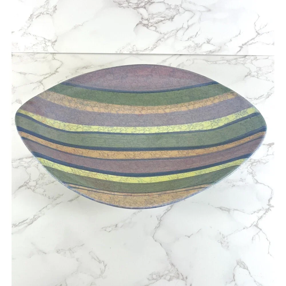 Vintage Madeline Originals Pottery Mid Century Modern Large Striped Navette Dish